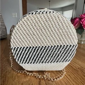 Round Tweed Crossbody Bag in Ivory, Black & Tan with Gold Chain Strap.